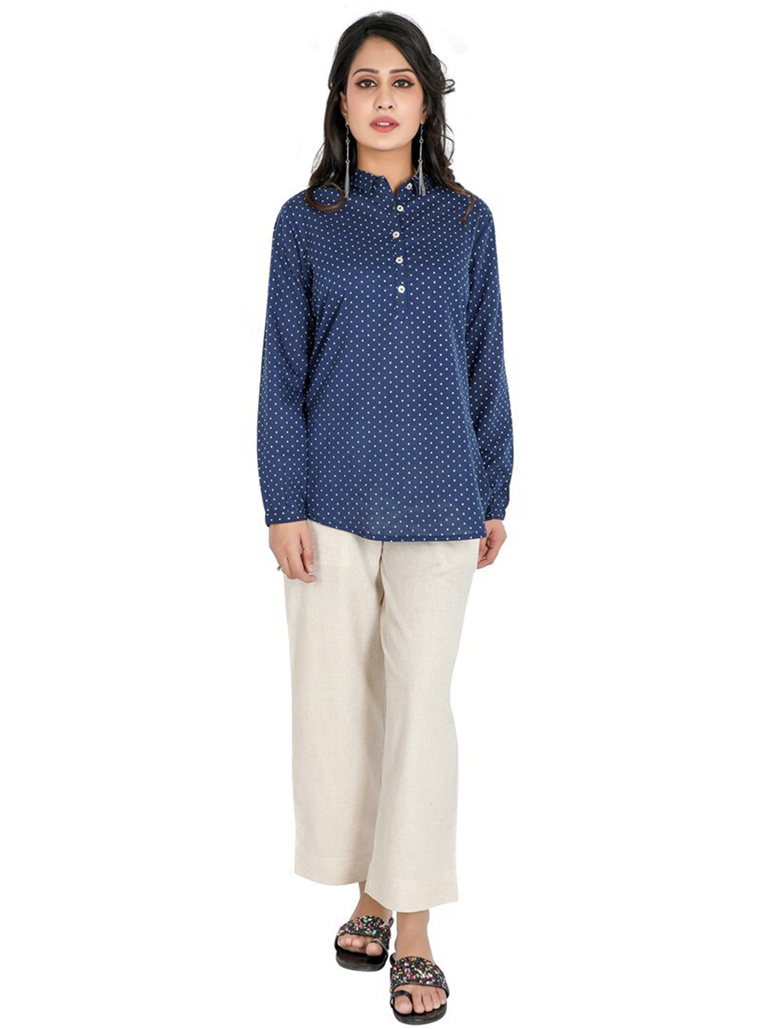 SUTI Women Navy Blue Print Shirt Style  Pure Cotton Top