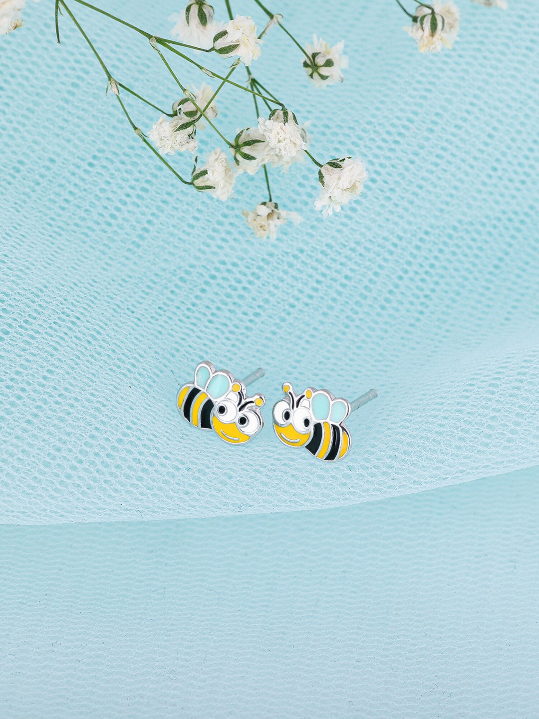 GIVA Yellow & Black Rhodium-Plated Animal Shaped Studs Earrings