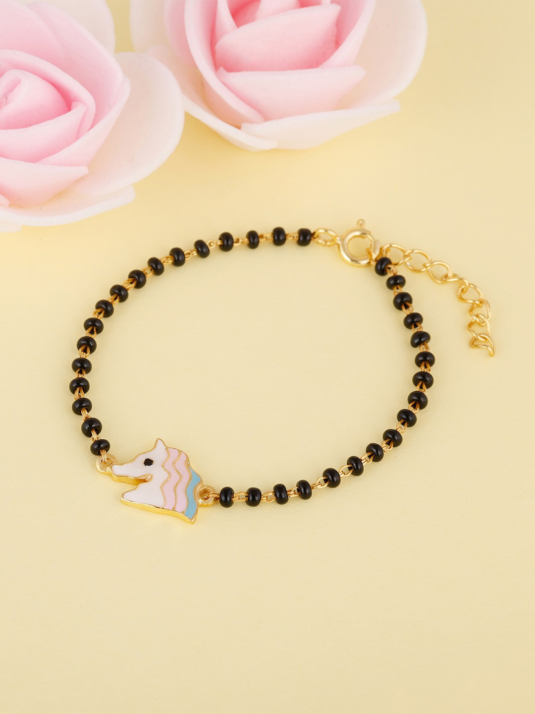 GIVA Girls Gold-Plated & Black Beaded Sterling Silver Charm Bracelet