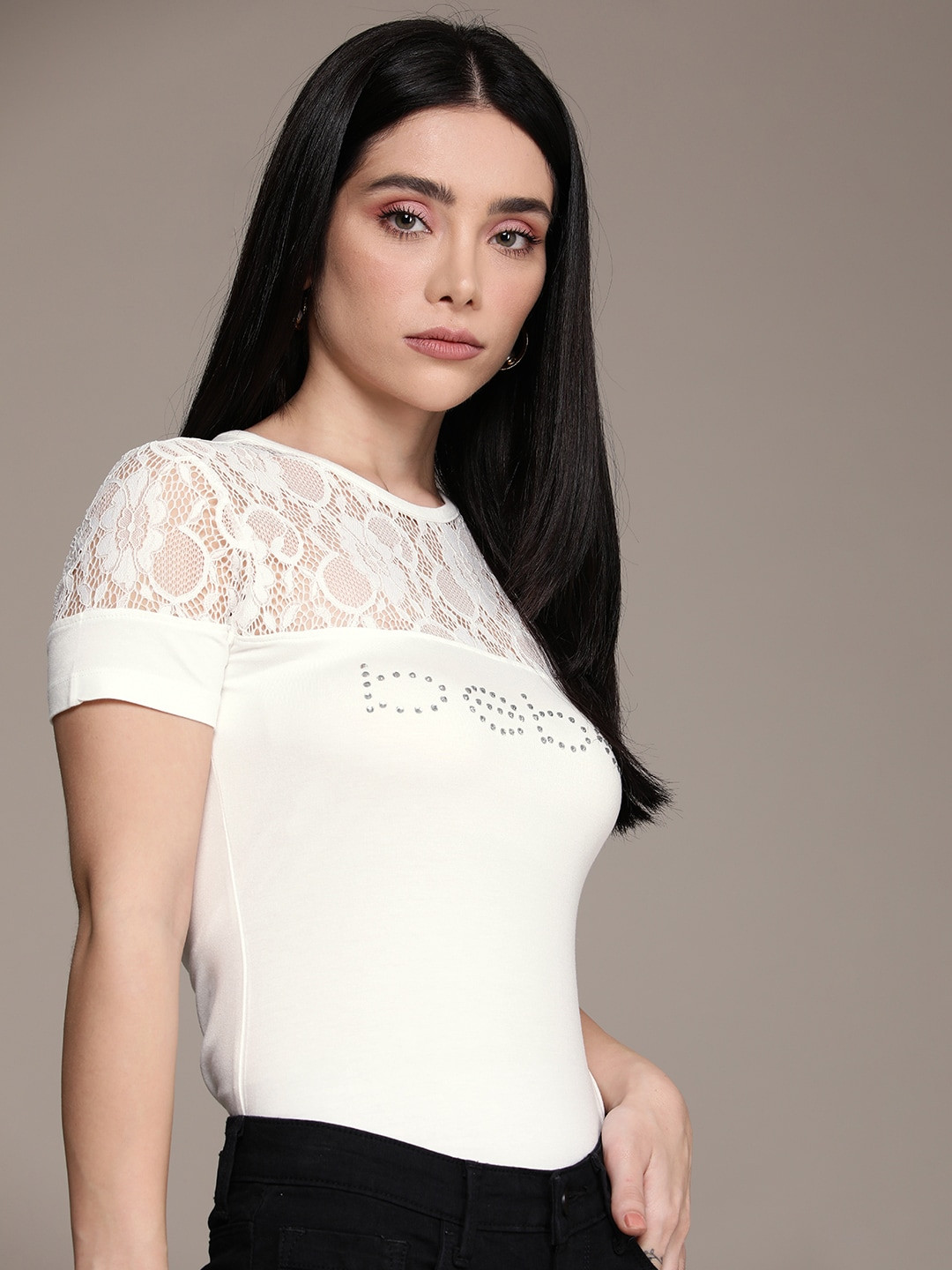bebe Women Brand Logo Round-Neck Lace Detail Regular Top