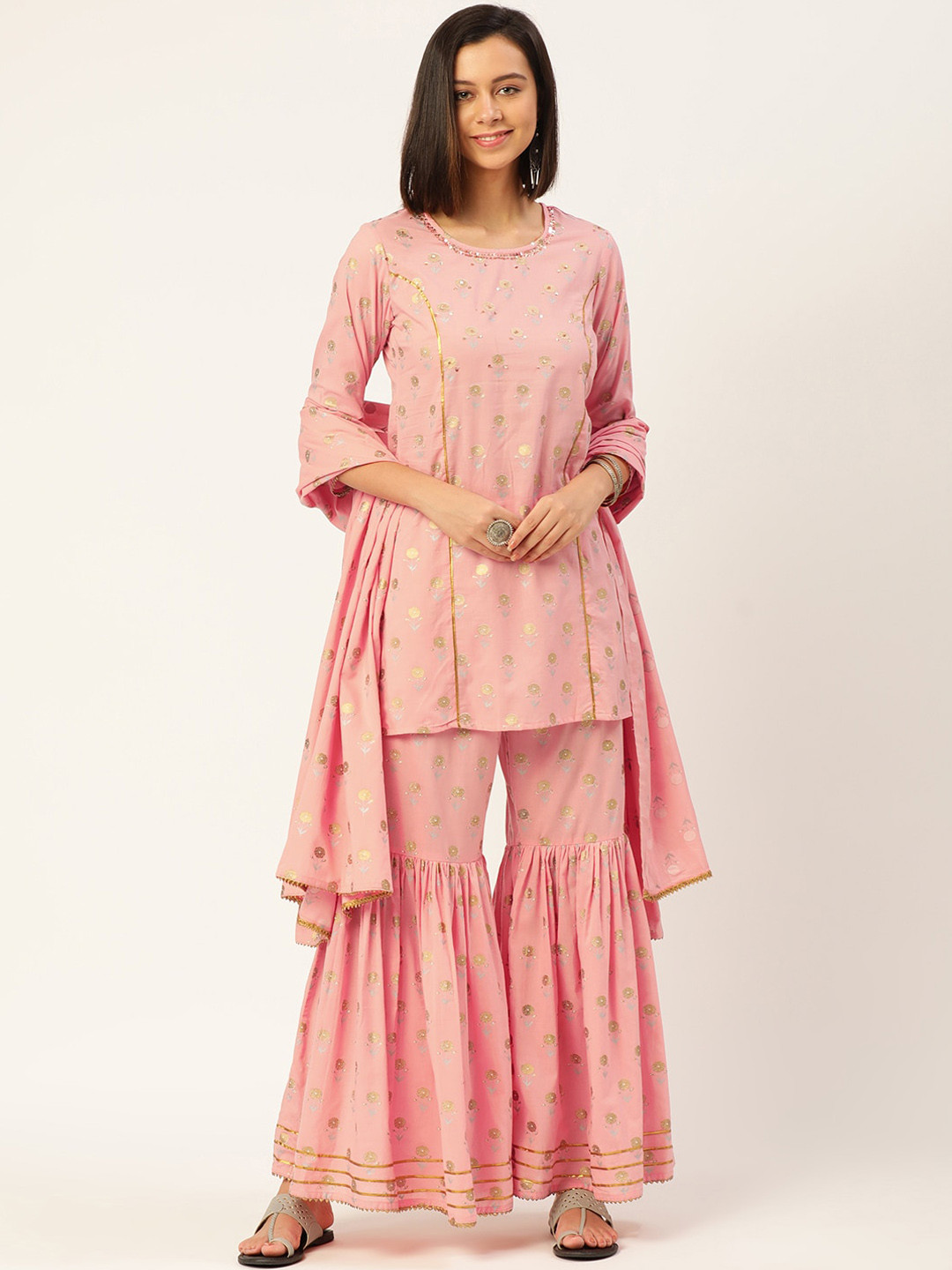 HERE&NOW Women Peach-Colored Floral Printed Pure Cotton Kurti with Sharara & Dupatta