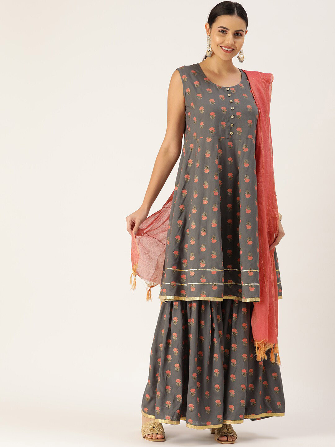 HERE&NOW Women Grey & Peach-Colored Floral Printed Kurta With Sharara & With Dupatta