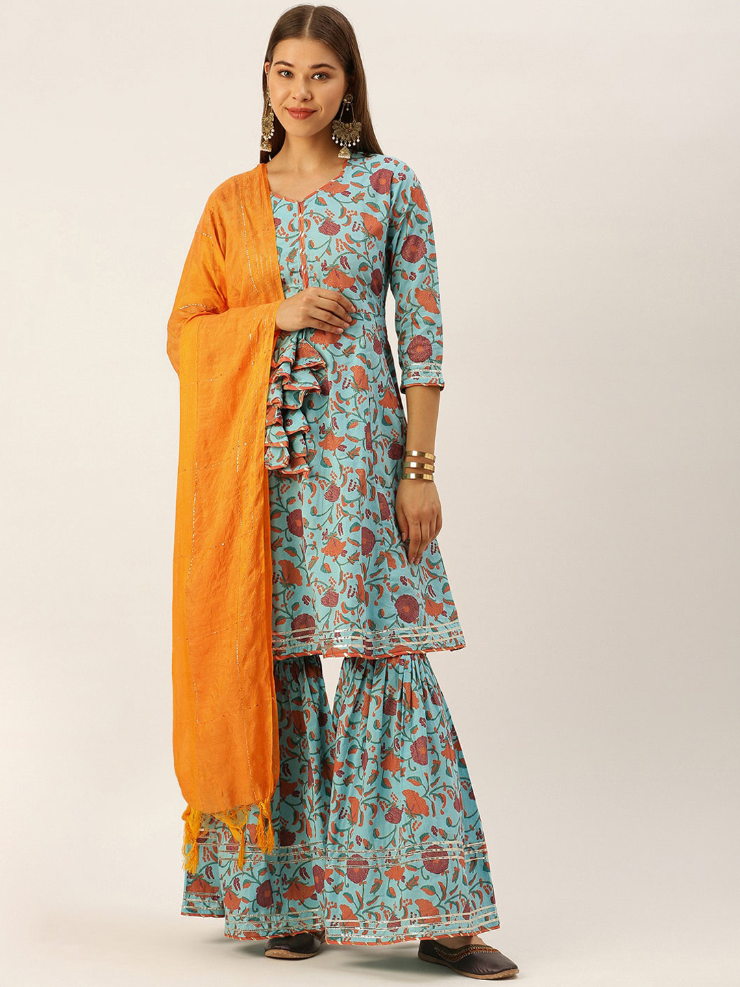 HERE&NOW Women Blue & Orange Floral Printed Pure Cotton Kurta with Sharara & With Dupatta