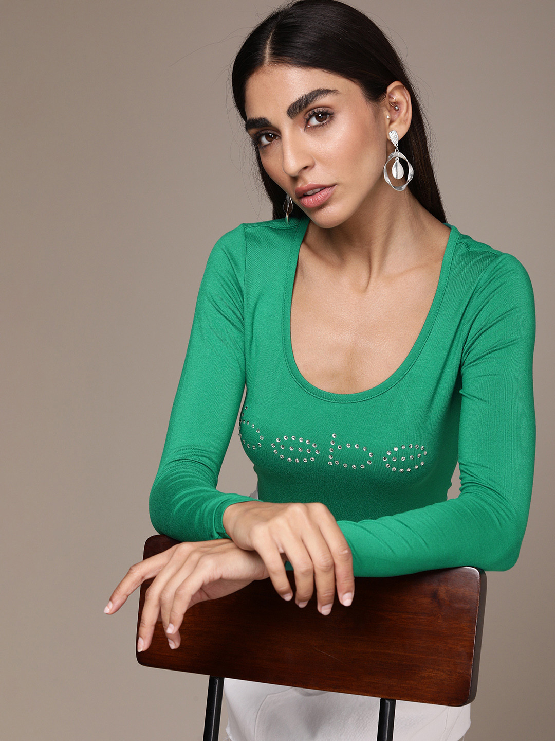 bebe Women Green Slim Fit Brand Logo Embellished T-shirt