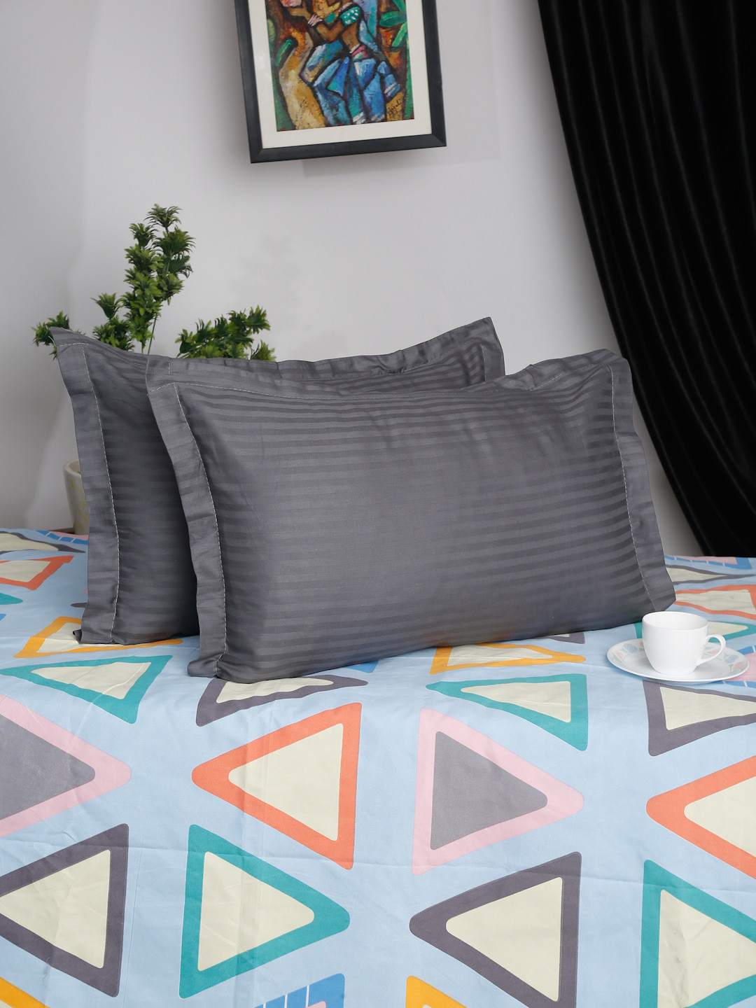 SOKNACK Set Of 2 Grey Striped Micro Cotton 280 TC Pillow Covers