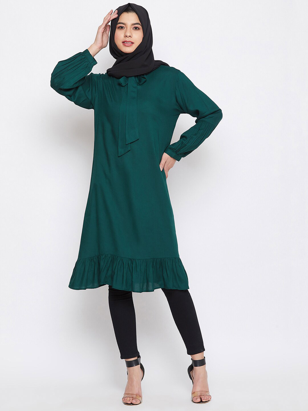 NABIA Green Tie-Up Neck A-Line Dress