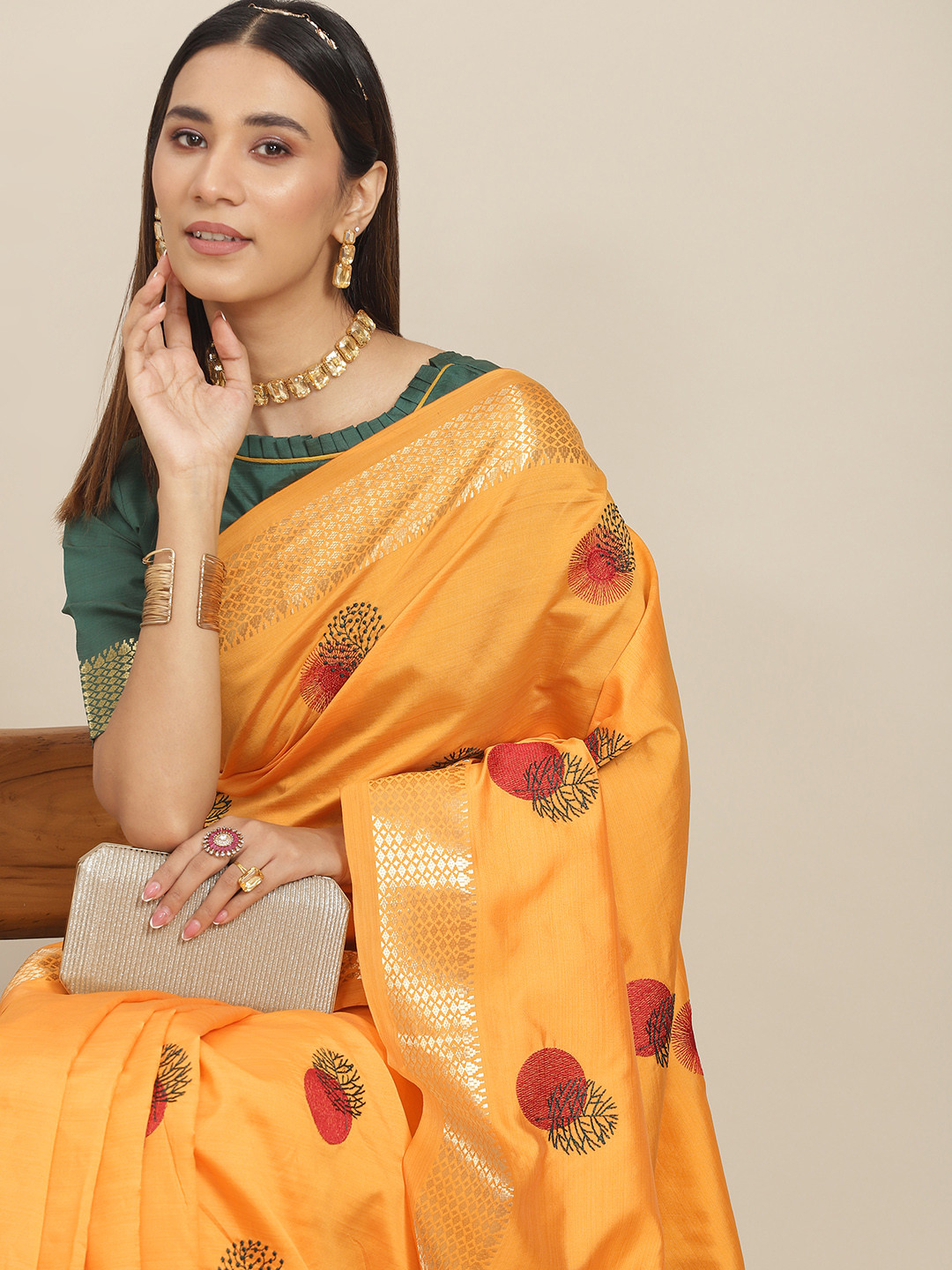 Mitera Yellow & Red Floral Zari Silk Cotton Saree