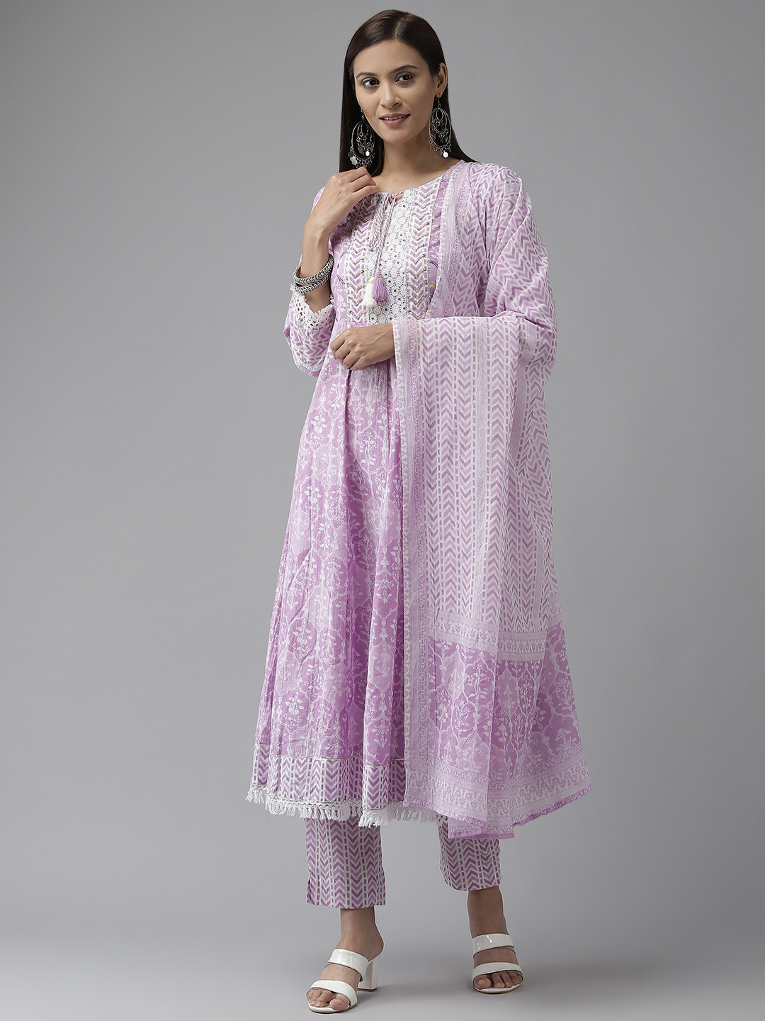 Amirah s Women Violet Ethnic Motifs Printed Pure Cotton Kurta with Trousers &  Dupatta