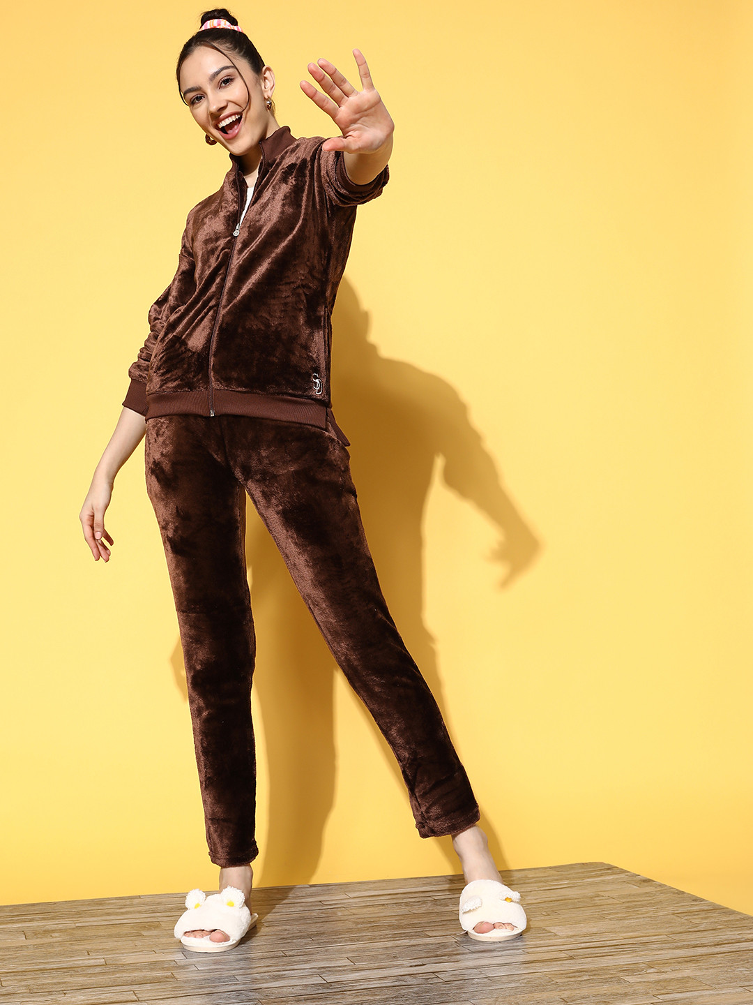 Sweet Dreams Women Coffee Brown Solid Plush Lush Night Suit