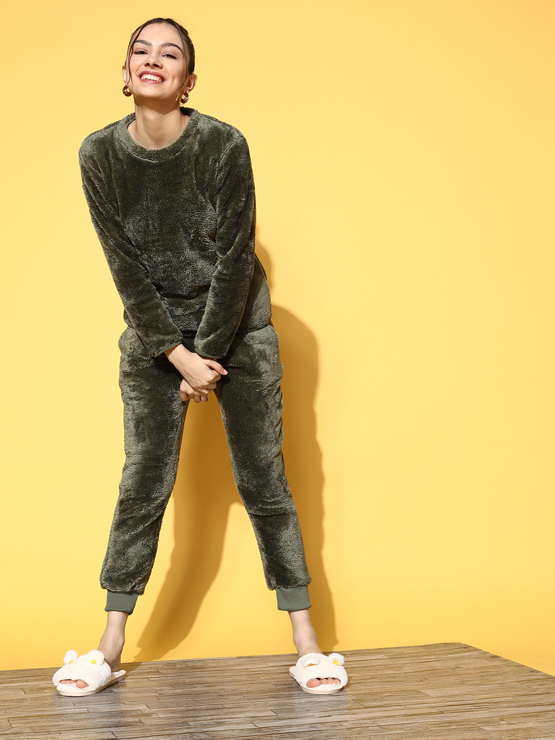 Sweet Dreams Women Olive Solid Plush Lush Night Suit