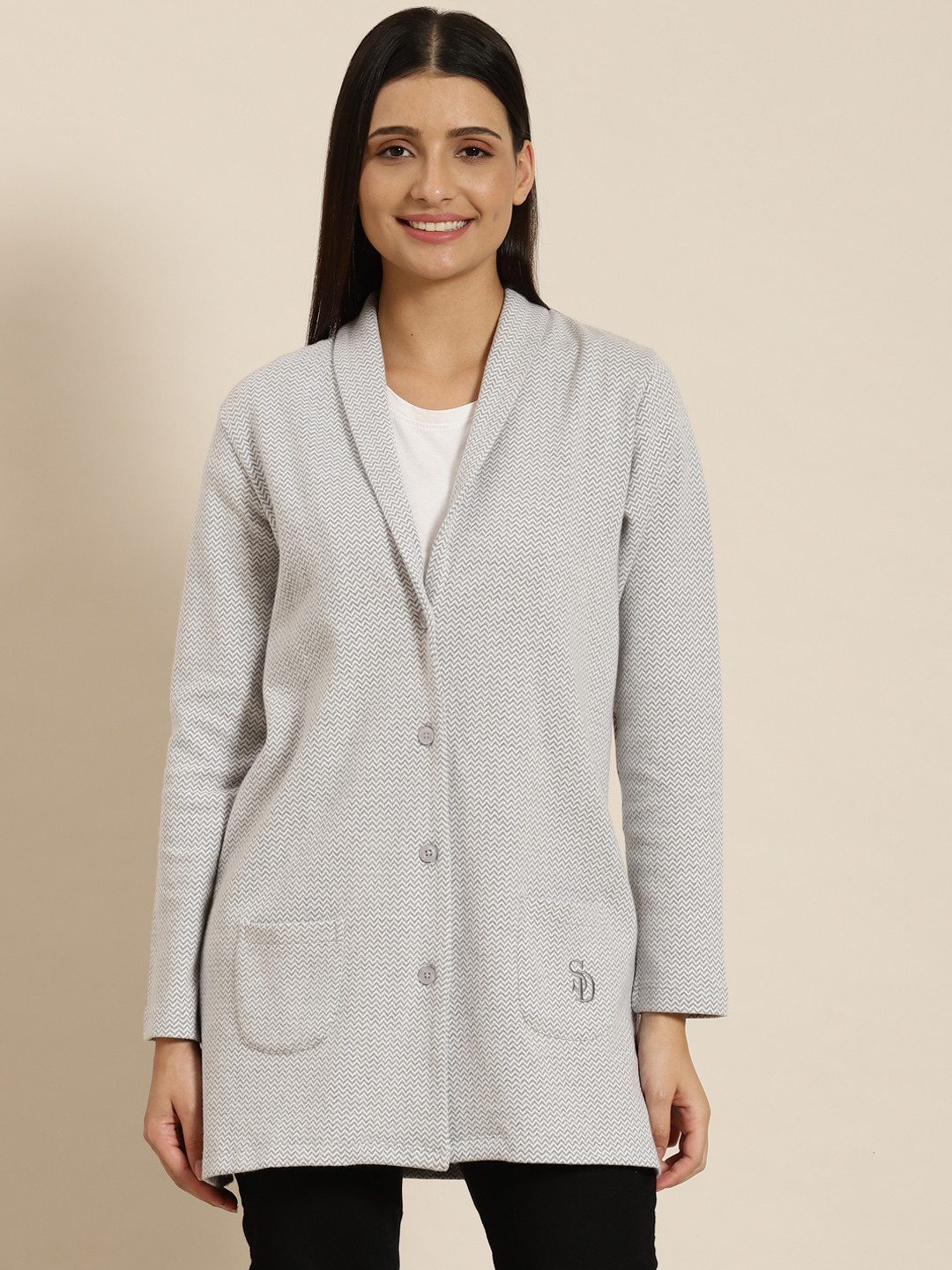 Sweet Dreams Women Grey Chevron Printed Longline Cardigan