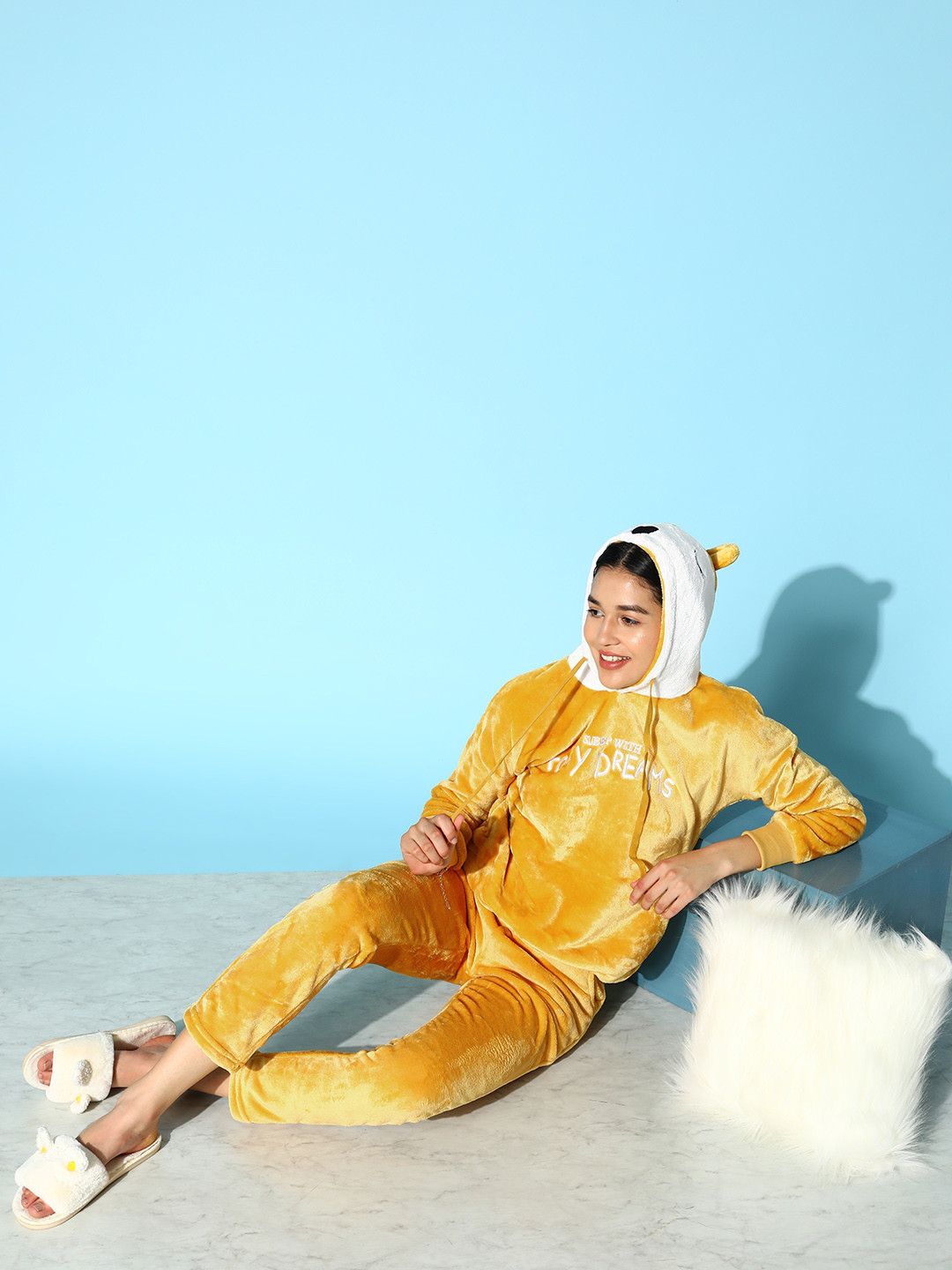 Sweet Dreams Women Mustard Yellow & White Embroidered Pyjama Set