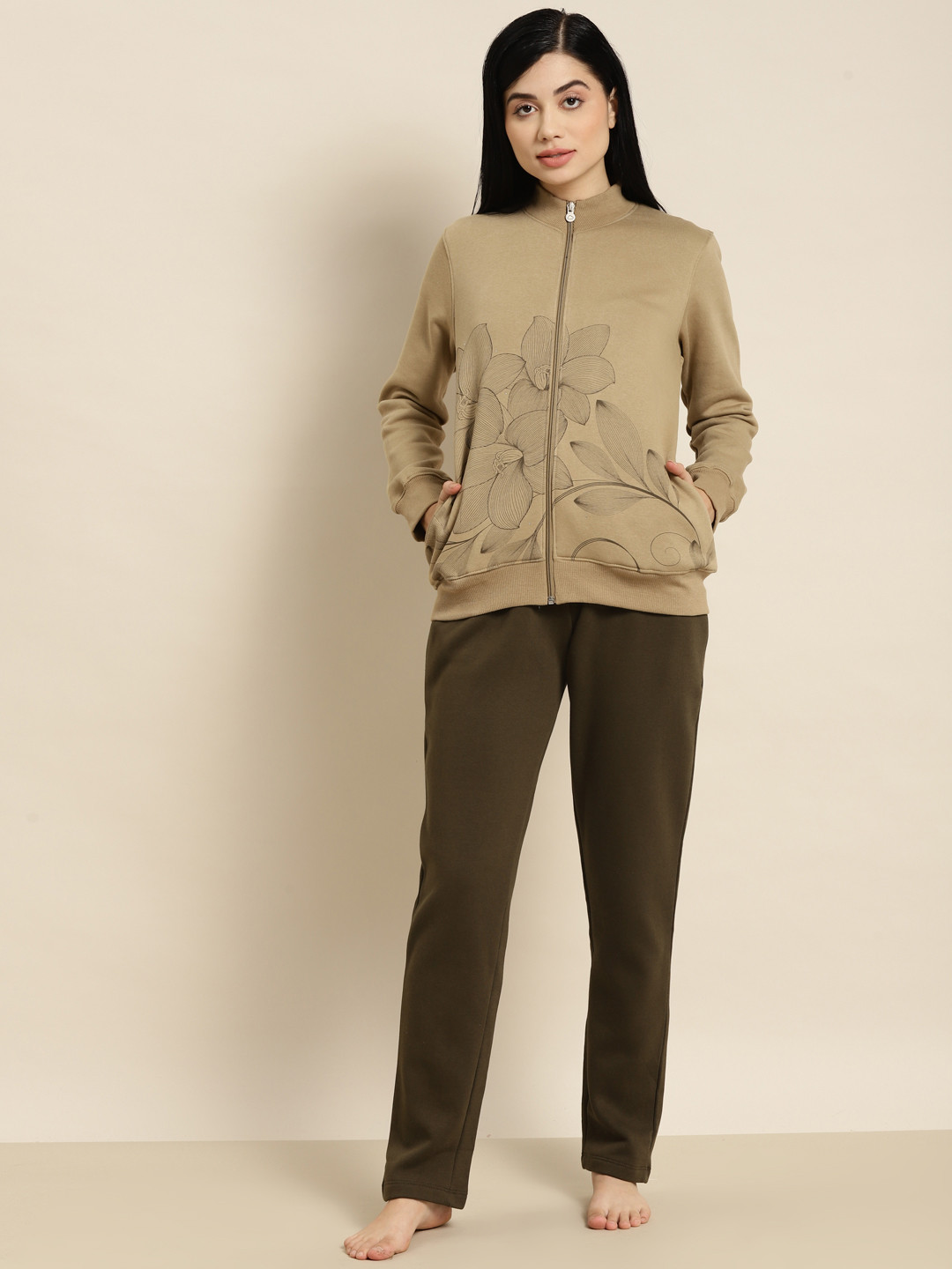 Sweet Dreams Women Green & Brown Printed Winter Pyjama Set