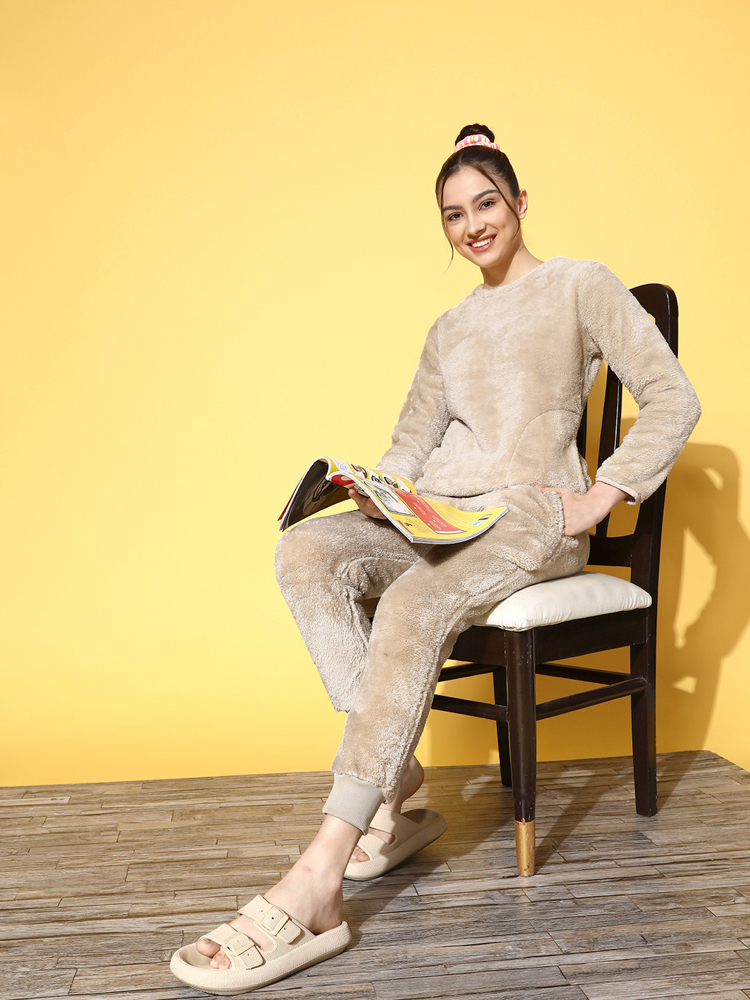 Sweet Dreams Women Beige Solid Plush Lush Night Suit