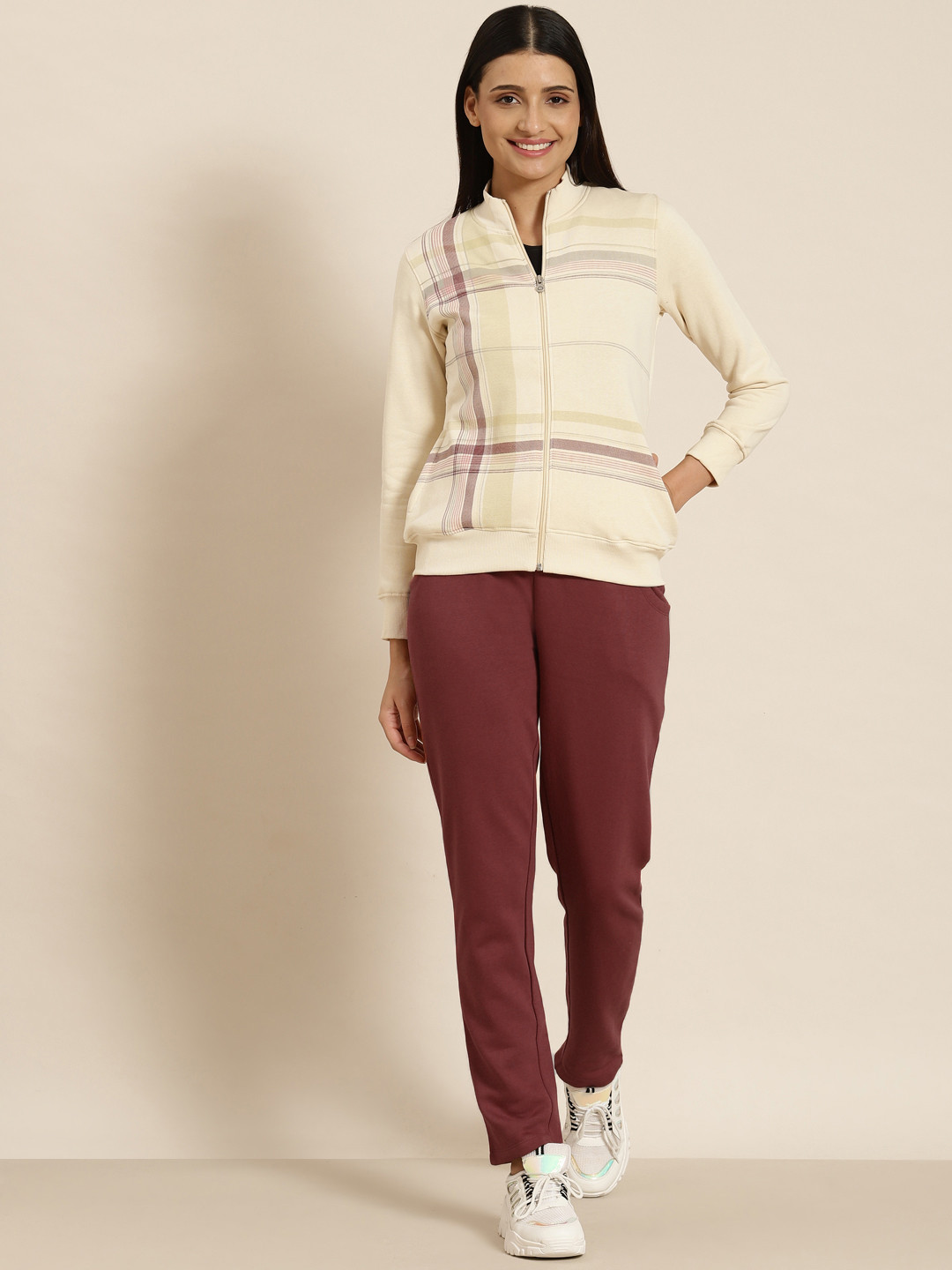 Sweet Dreams Women Cream-Coloured & Rose Checked Pyjama Set