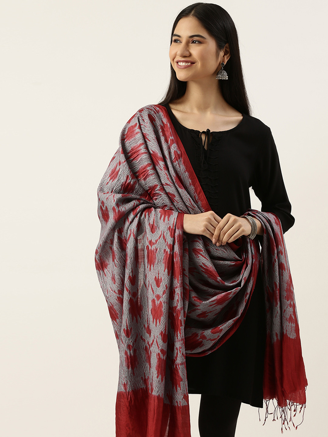 ArtEastri Grey & Rust Brown Woven Design Pure Silk Shibori Dupatta