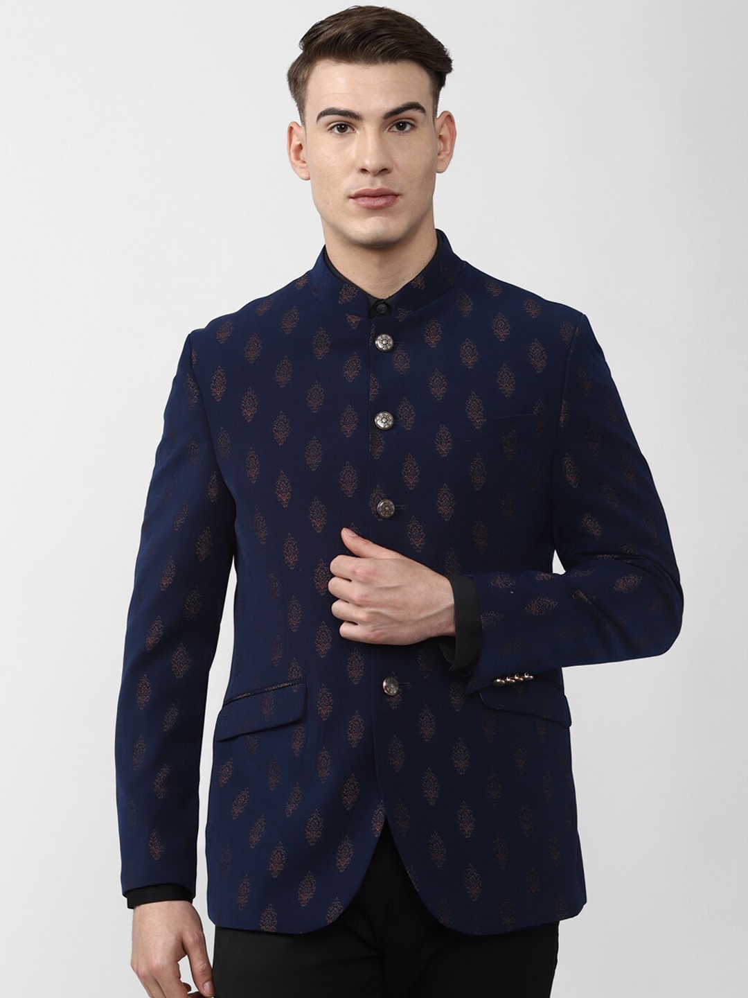 Buy Van Heusen Men Navy Blue Printed Slim Fit Bandhgala Blazers