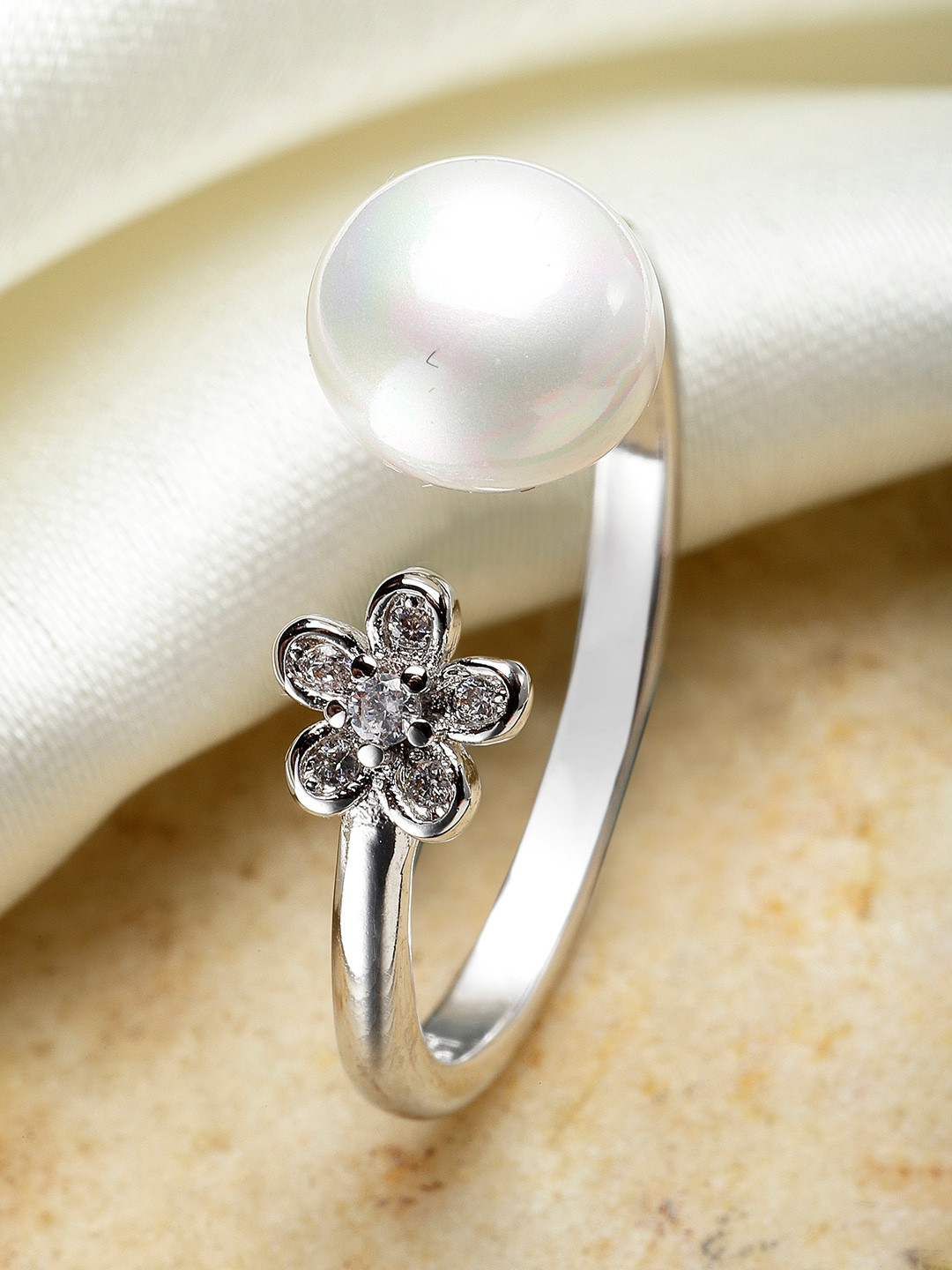 KARATCART Women Silver-Plated White Flower Shape  AD-Studded Adjustable Finger Ring