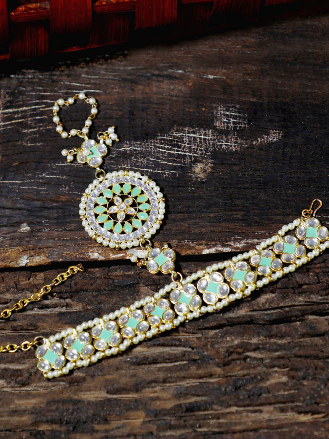 KARATCART Women Gold-Plated & Lime Green Kundan Wraparound Bracelet