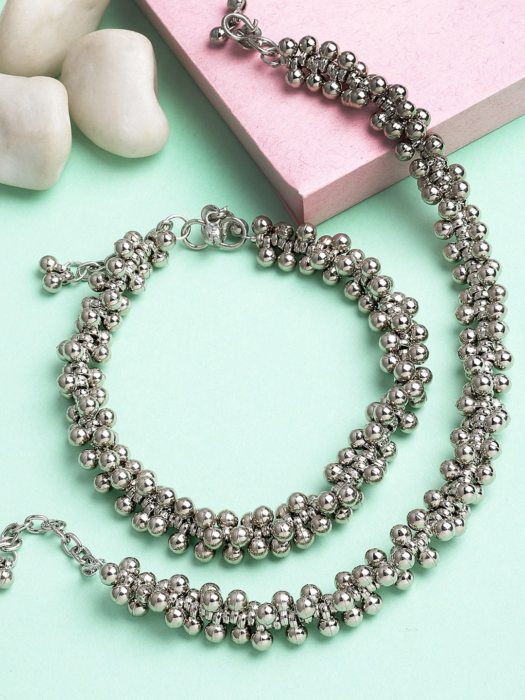 KARATCAR Set Of 2 Silver-Plated Silver Toned  Beaded Anklets