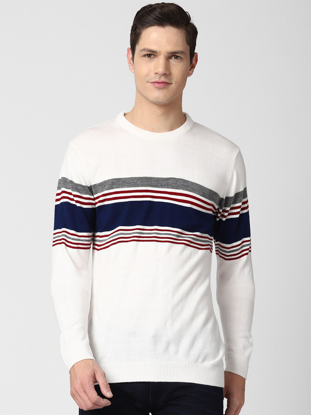 Peter England Casuals Men White & Navy Blue Striped Sweater