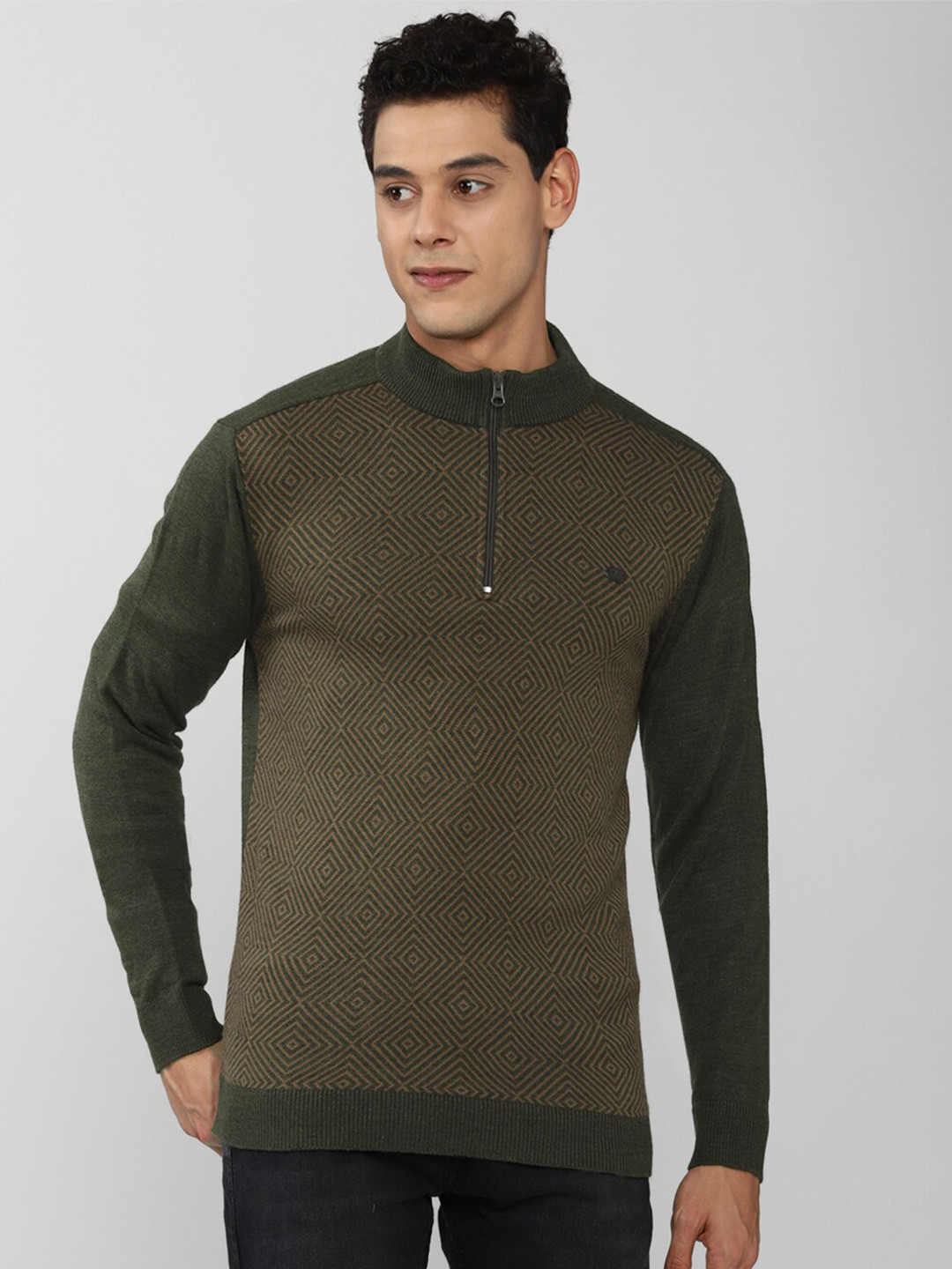 Peter England Casuals Men Olive Green & Brown Pullover Sweater