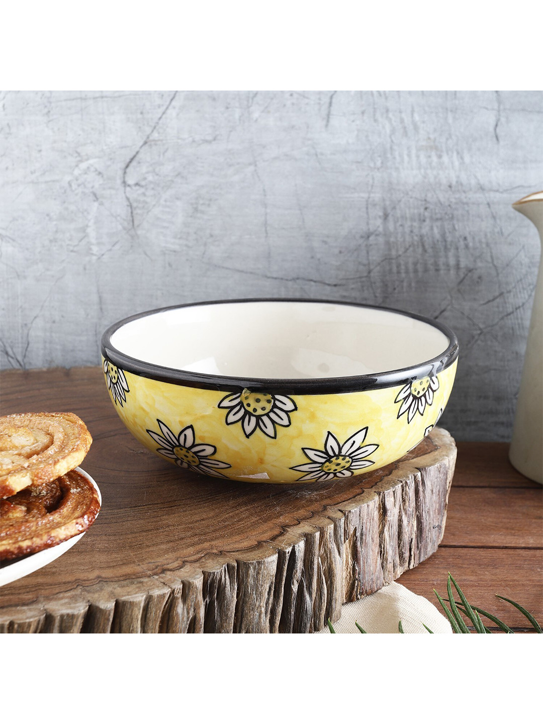 The Decor Mart Yellow & Beige Floral Printed Dishwasher safe Ceramic Glossy Bowl 900ml