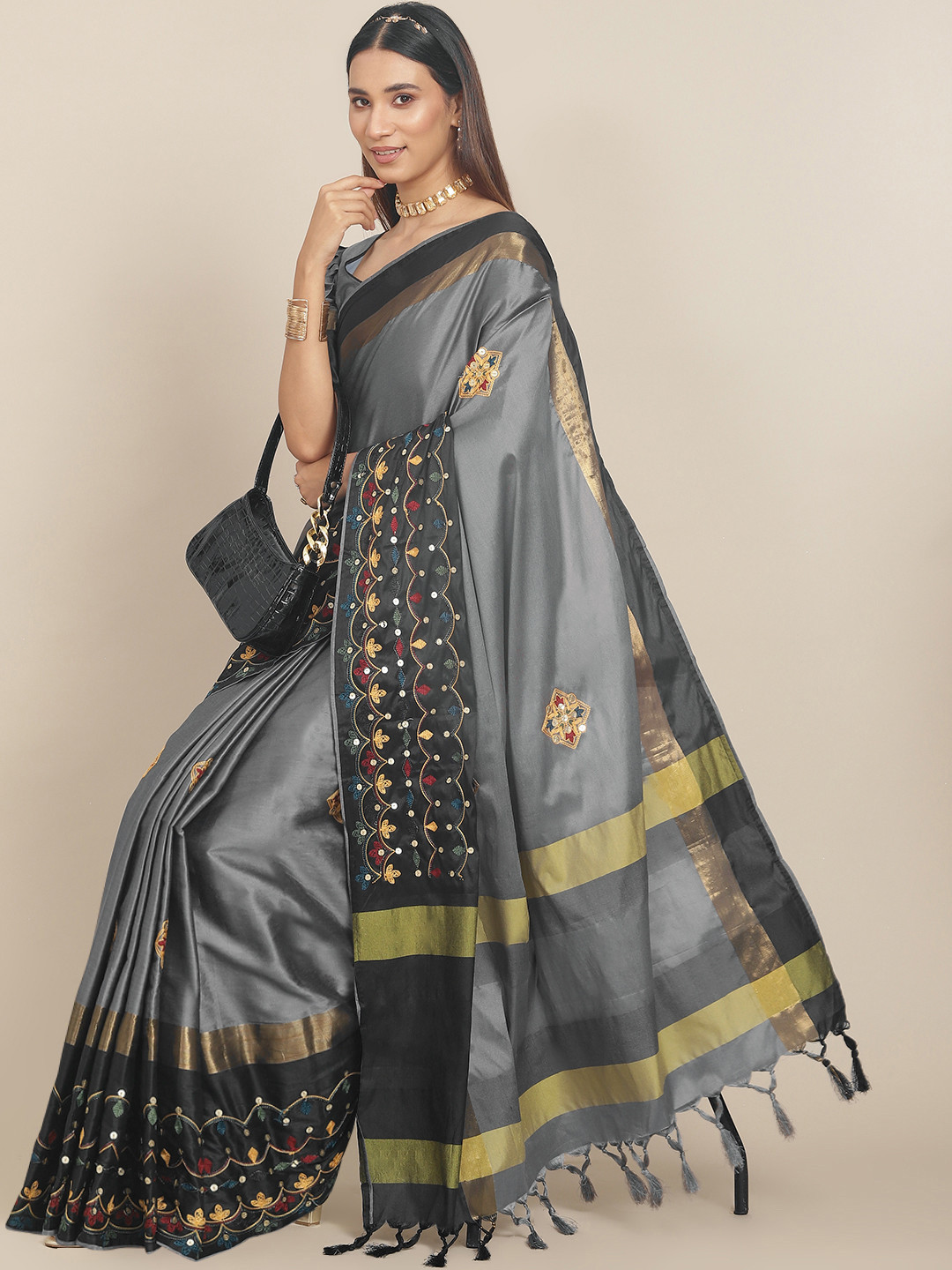 RAJGRANTH Grey & Black Floral Sequinned Silk Cotton Saree