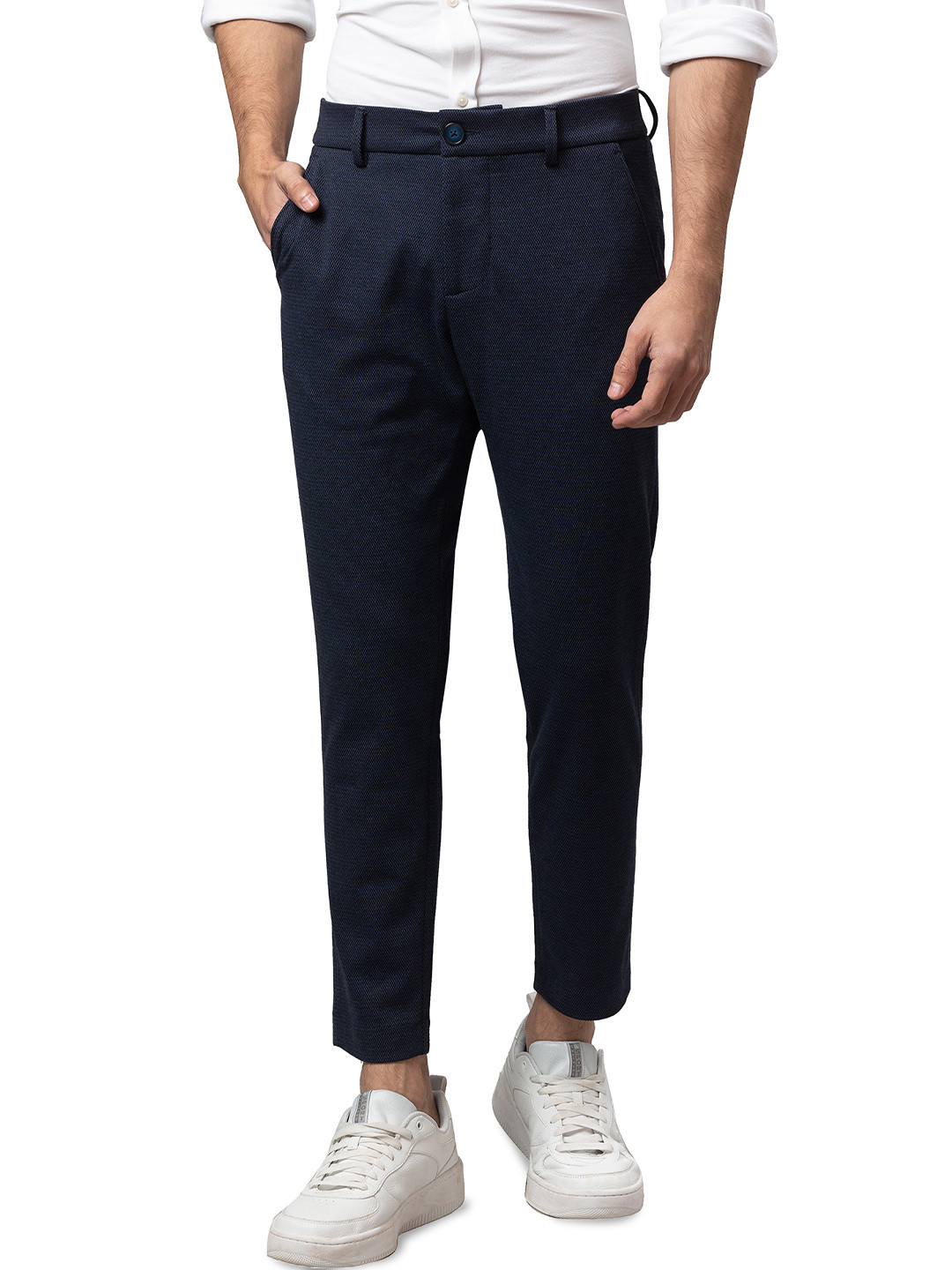 Being Human Men Navy Blue Tailored Slim Fit Pleated Chinos Trousers