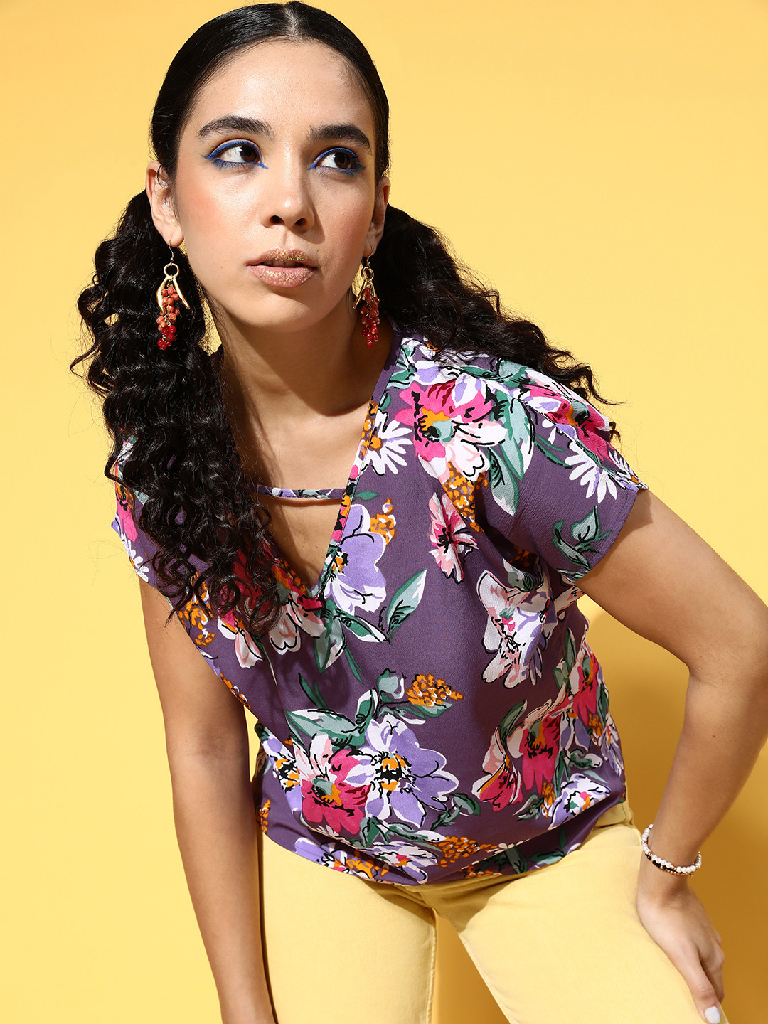 Berrylush Purple Floral New Neckline Top