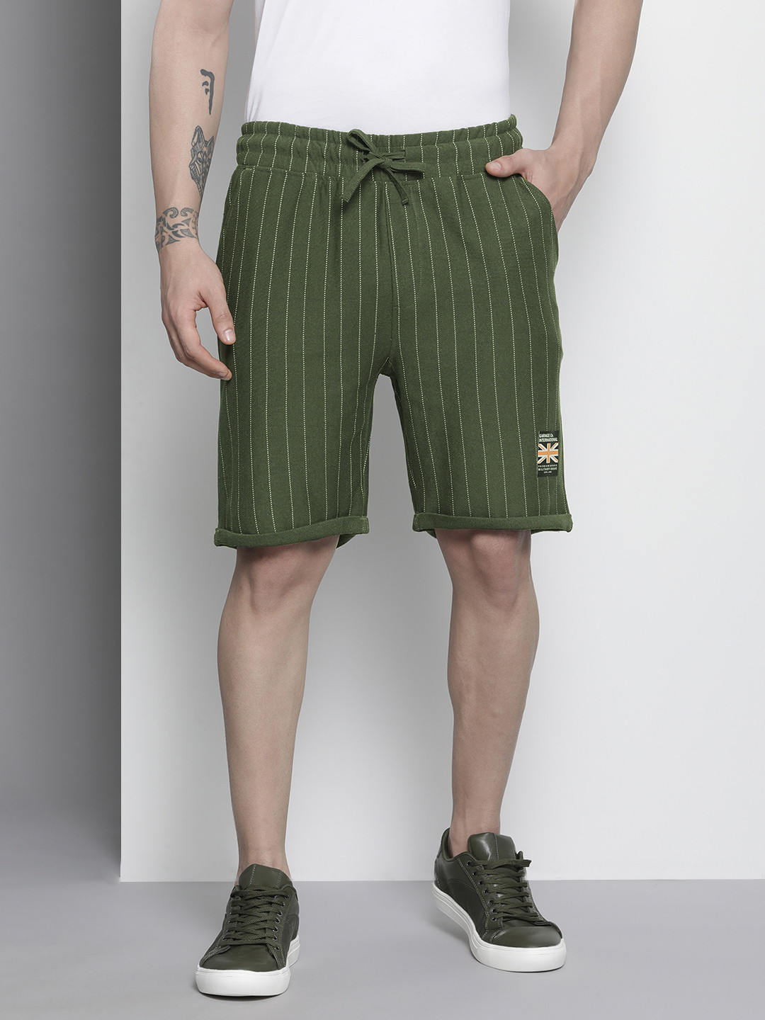 The Indian Garage Co Men Olive Green Striped Shorts