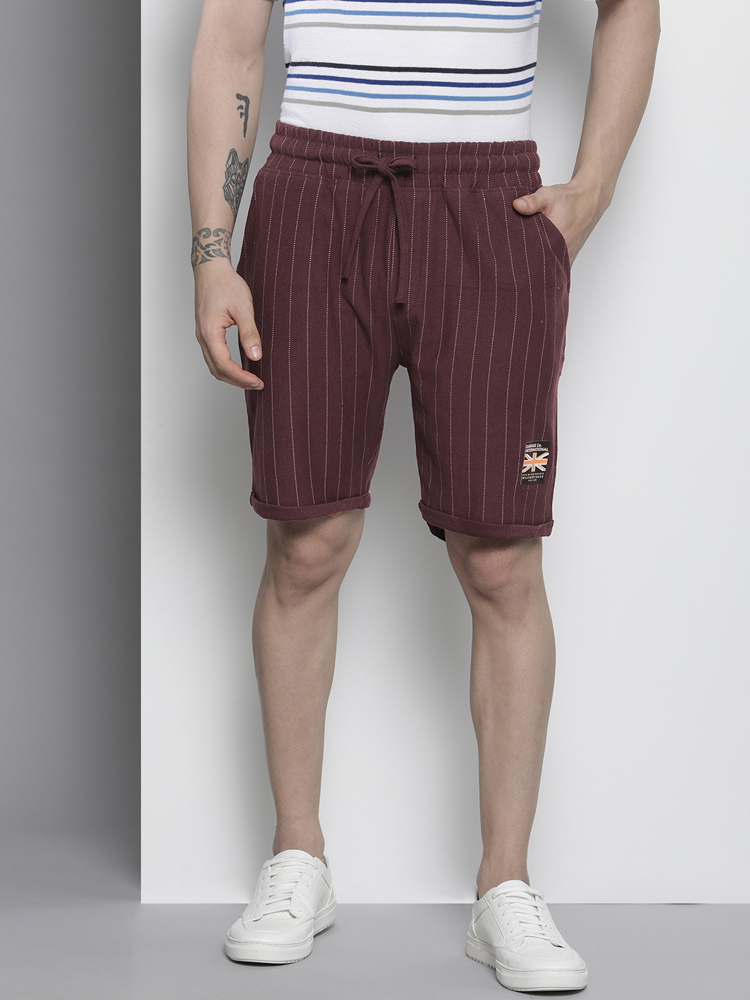 The Indian Garage Co Men Maroon Striped Shorts