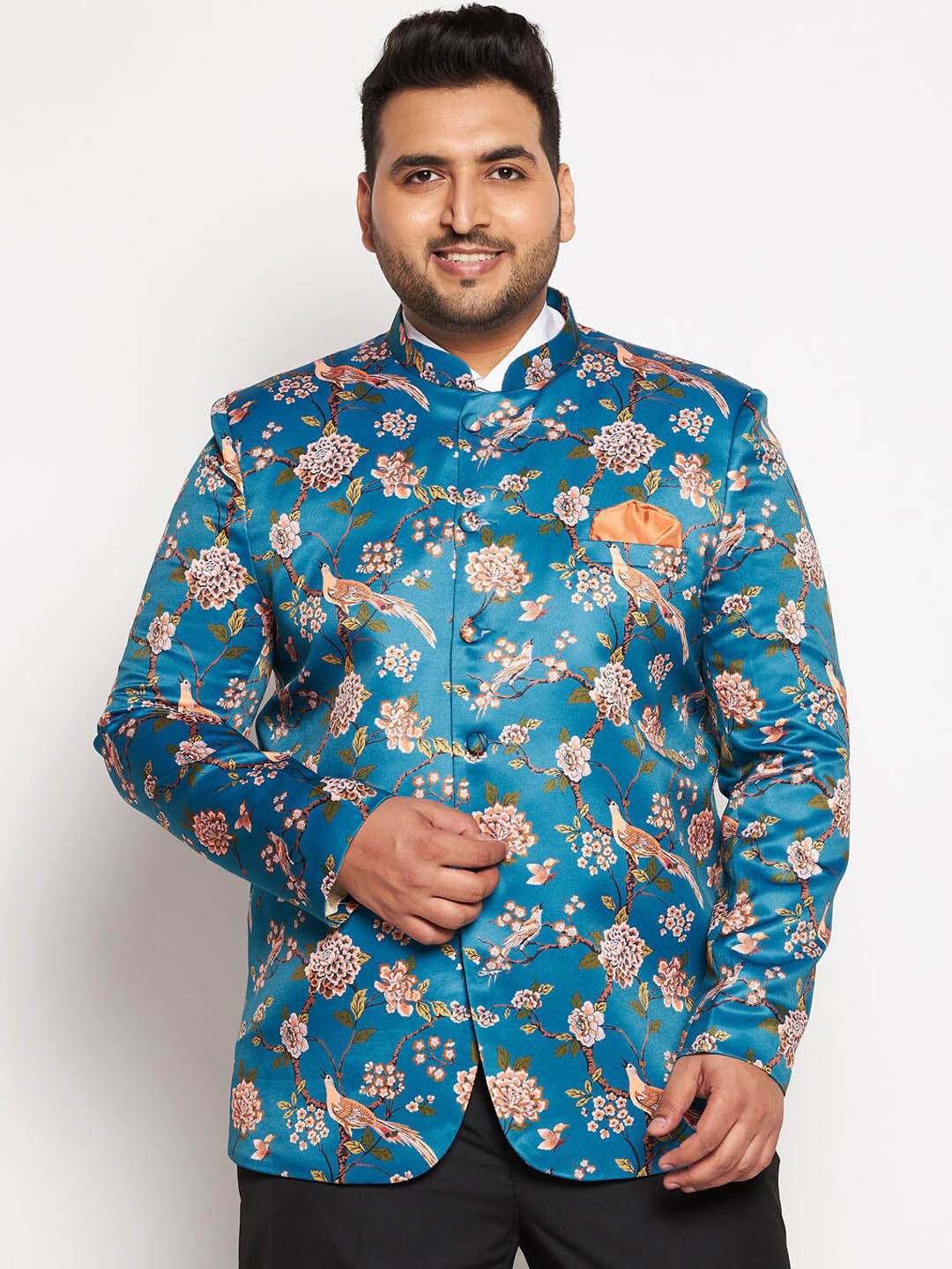 VASTRAMAY Men Turquoise Blue Floral Printed Bandhgala Blazer