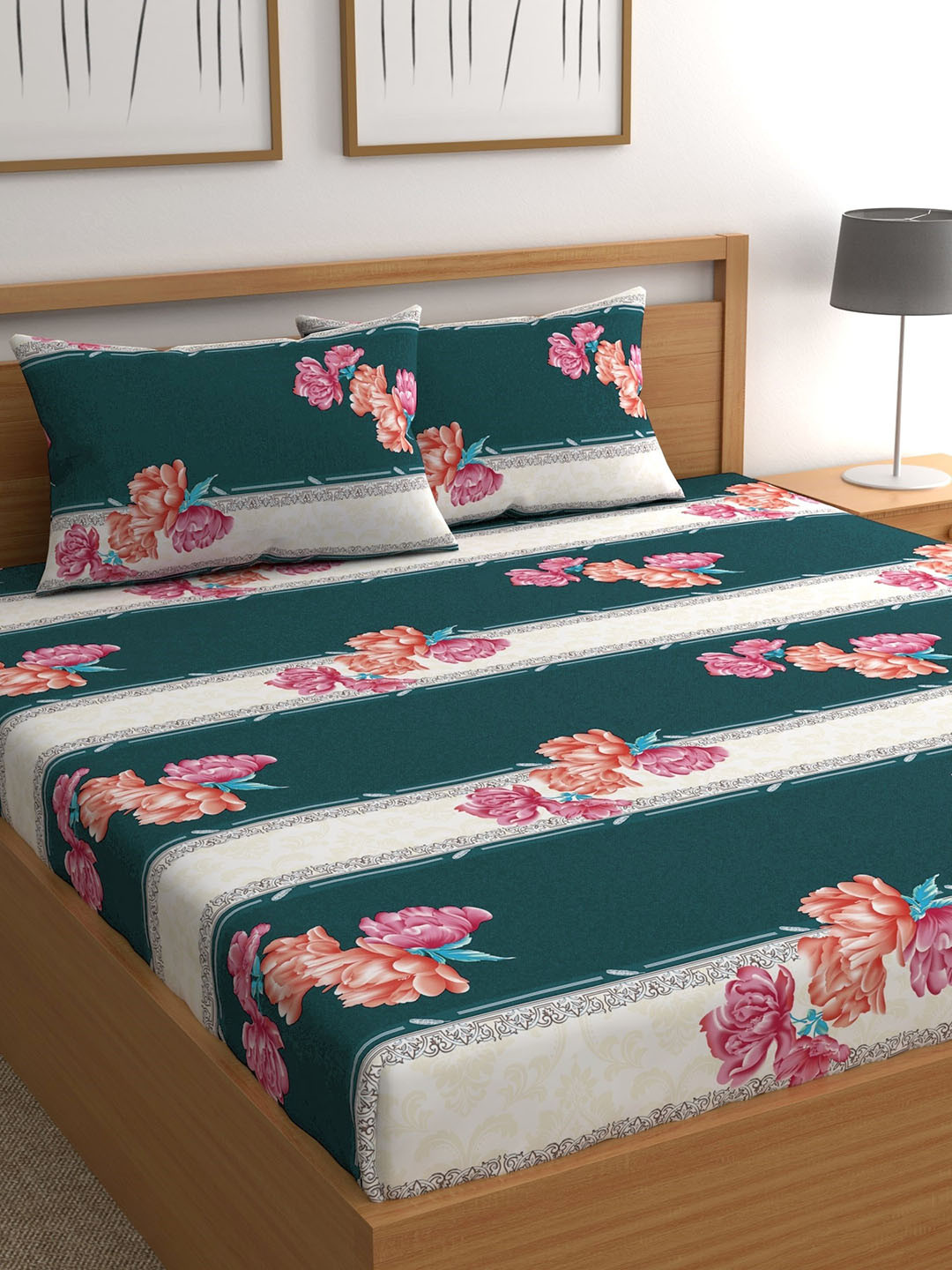 CHHAVI INDIA Teal Floral Polycotton 210 TC Queen Fine Bedsheet with 2 Pillow Covers-89 x 98 inches