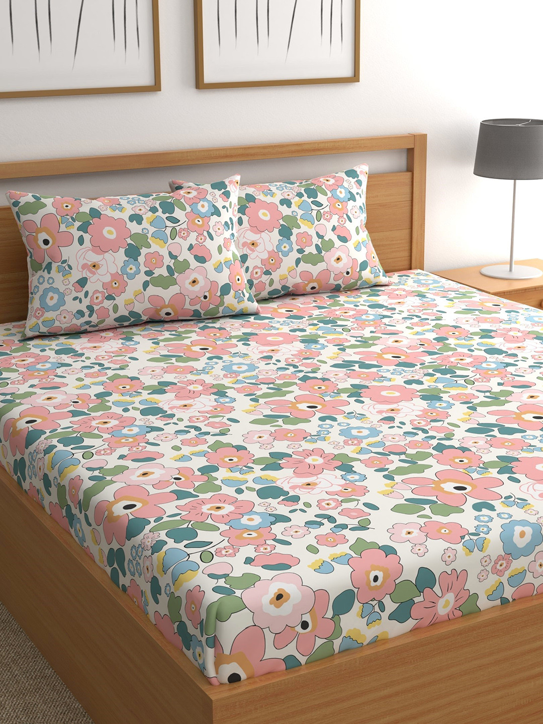 CHHAVI INDIA White Floral Polycotton 210 TC Queen Fine Bedsheet with 2 Pillow Covers-89 x 98 inches