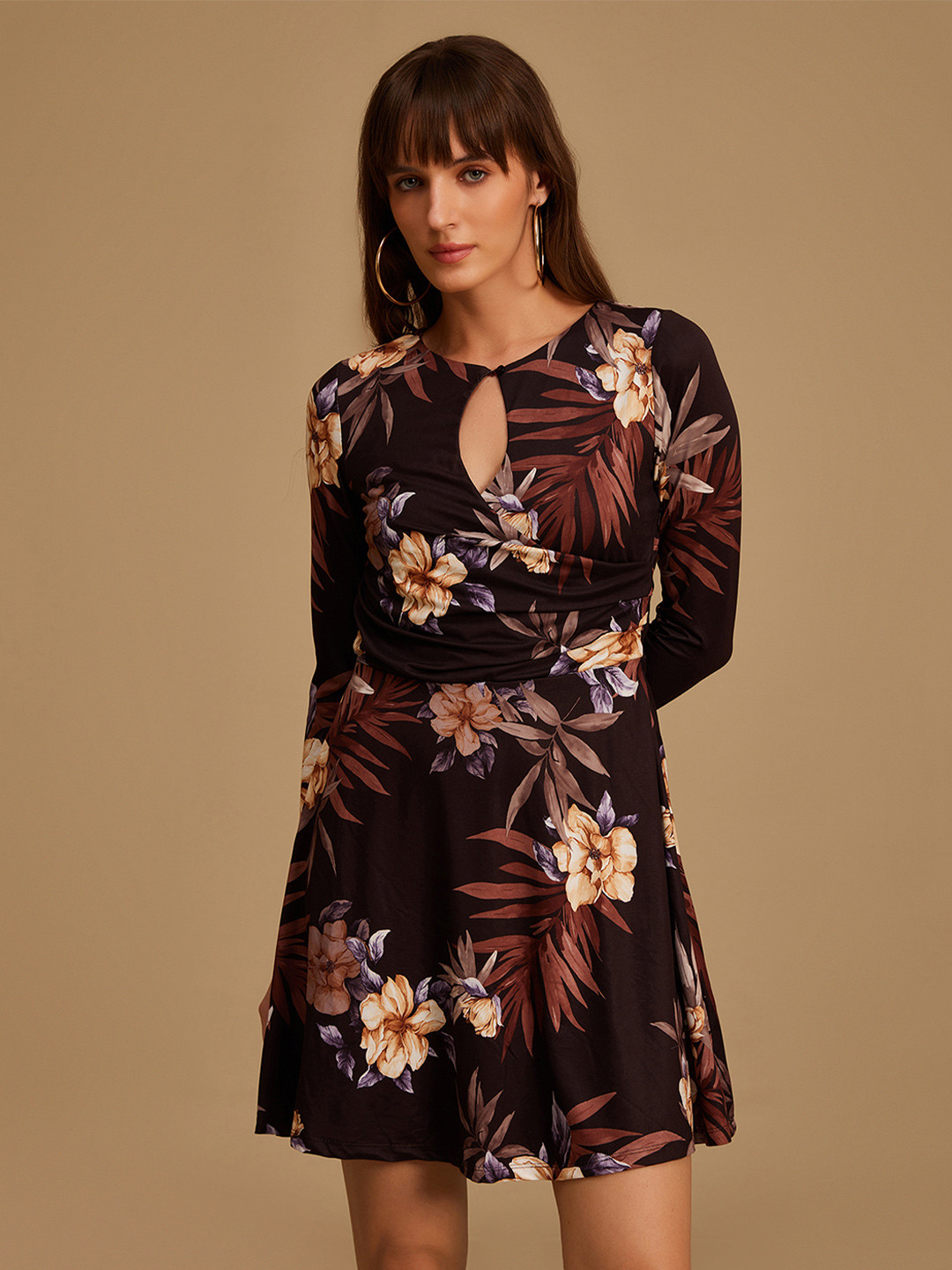 Kazo Women Brown Floral Keyhole Neck Dress