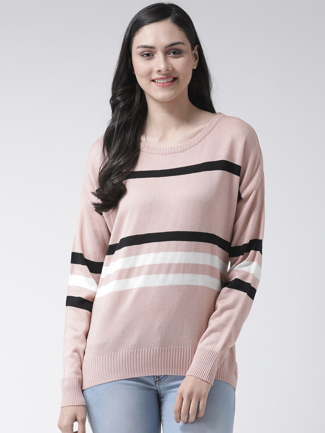 Club York Women Pink & Black Striped Pullover