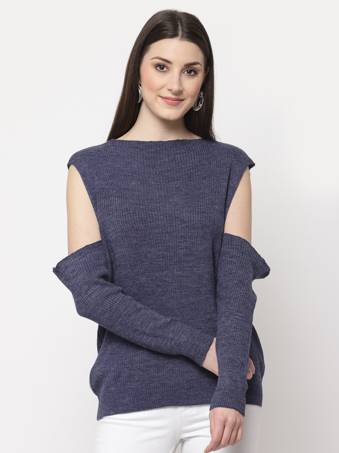Club York Women Blue Solid Acrylic Drop Shoulder Pullover