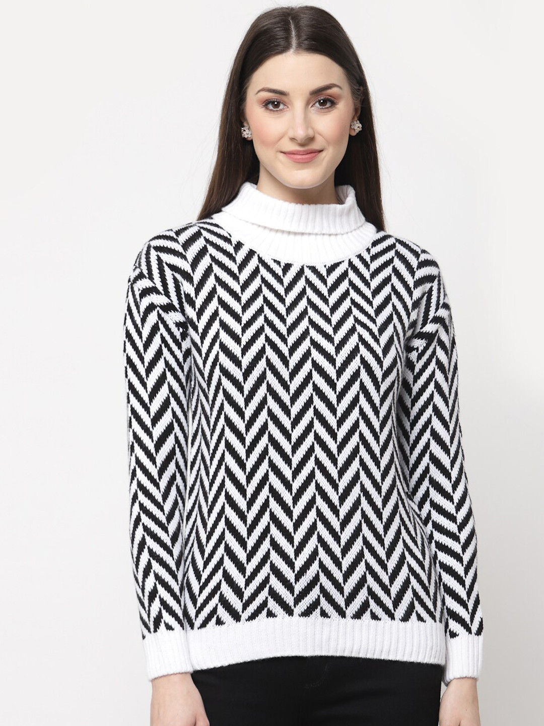 Club York Women White Self Design High Neck Acrylic Pullover