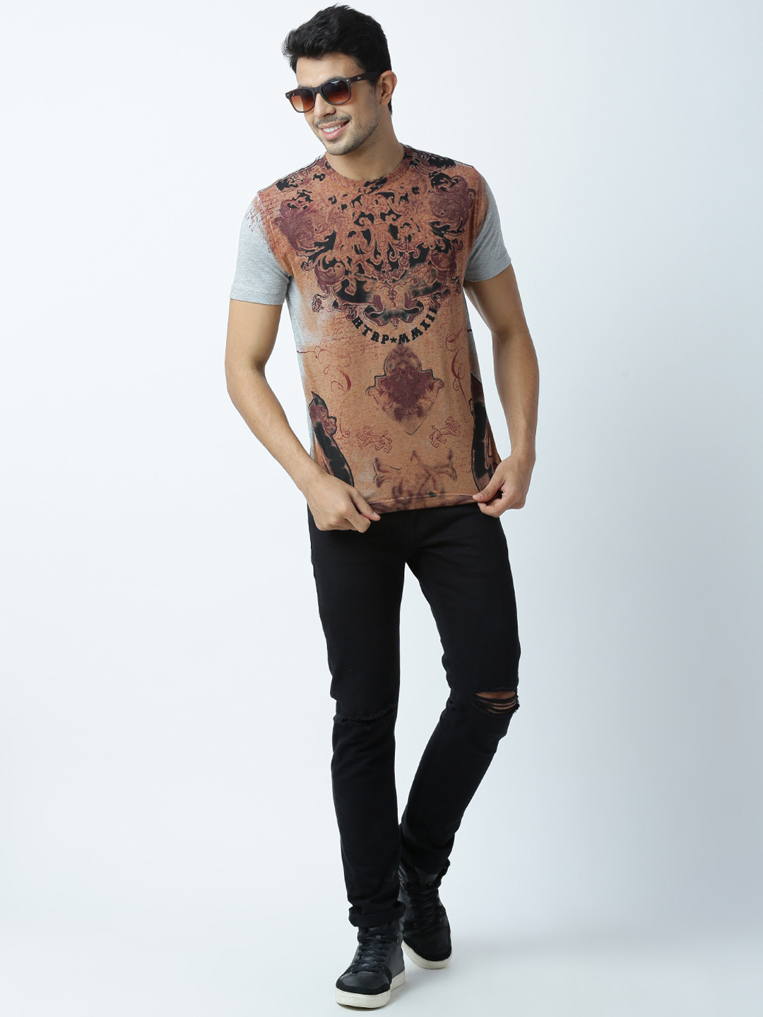 Huetrap Men Grey Melange & Rust Brown Printed Round Neck T-shirt