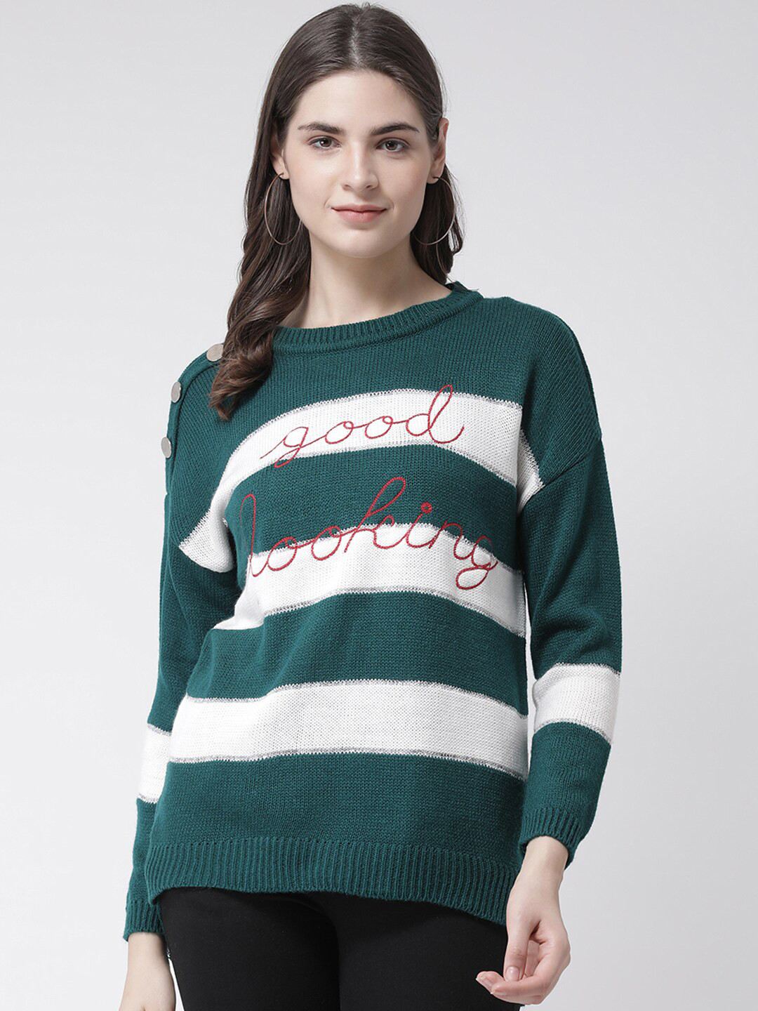Club York Women Green & White Striped Pullover