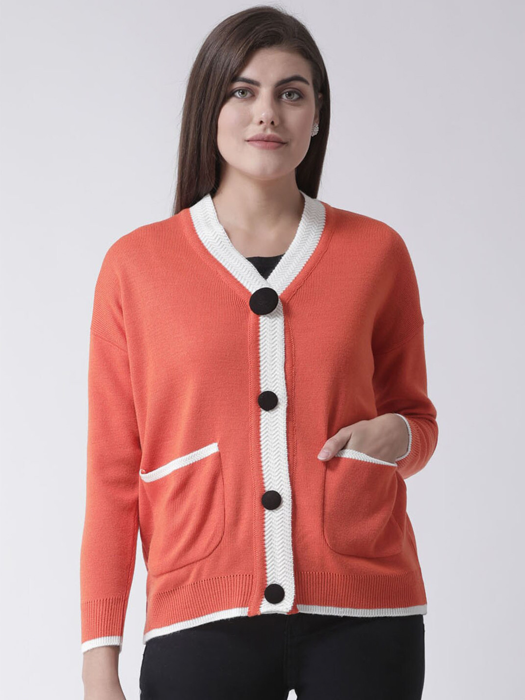 Club York Women Orange & White  Solid Cardigan Sweater