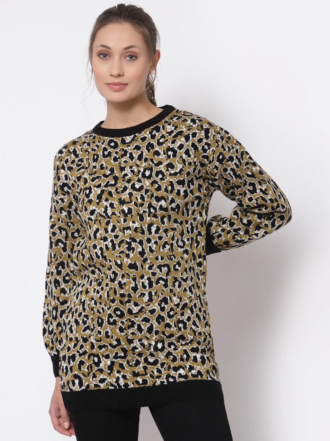 Club York Women Mustard Yellow & Black Animal Printed Pullover