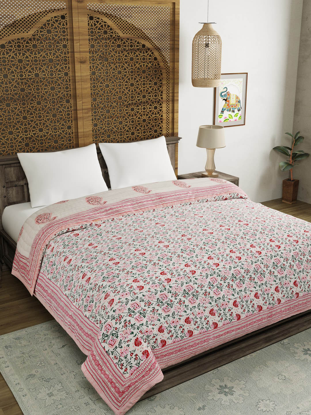 BLOCKS OF INDIA Pink & Off White Floral Mild Winter 350 GSM Double Bed Quilt