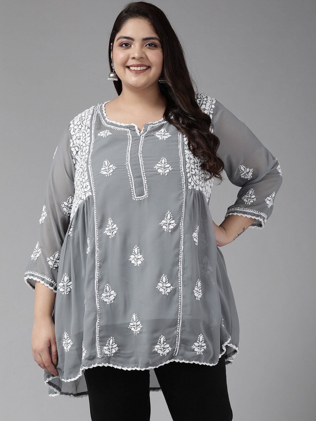 ADA Plus Size Grey Ethnic Motifs Embroidered Chikankari Panelled Kurti With Slip