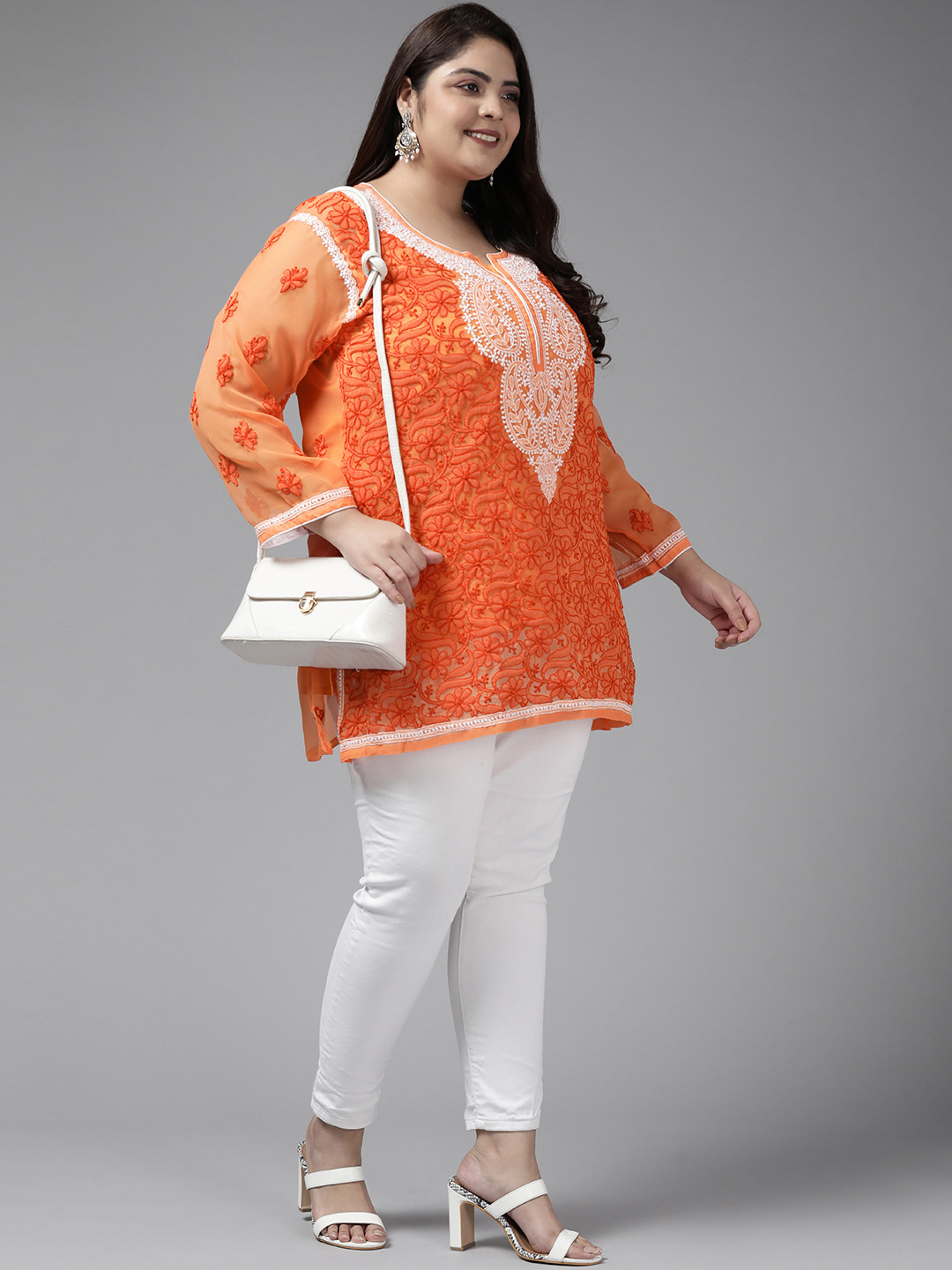 ADA Plus Size Rust & White Ethnic Motifs Embroidered Chikankari Kurti With Slip