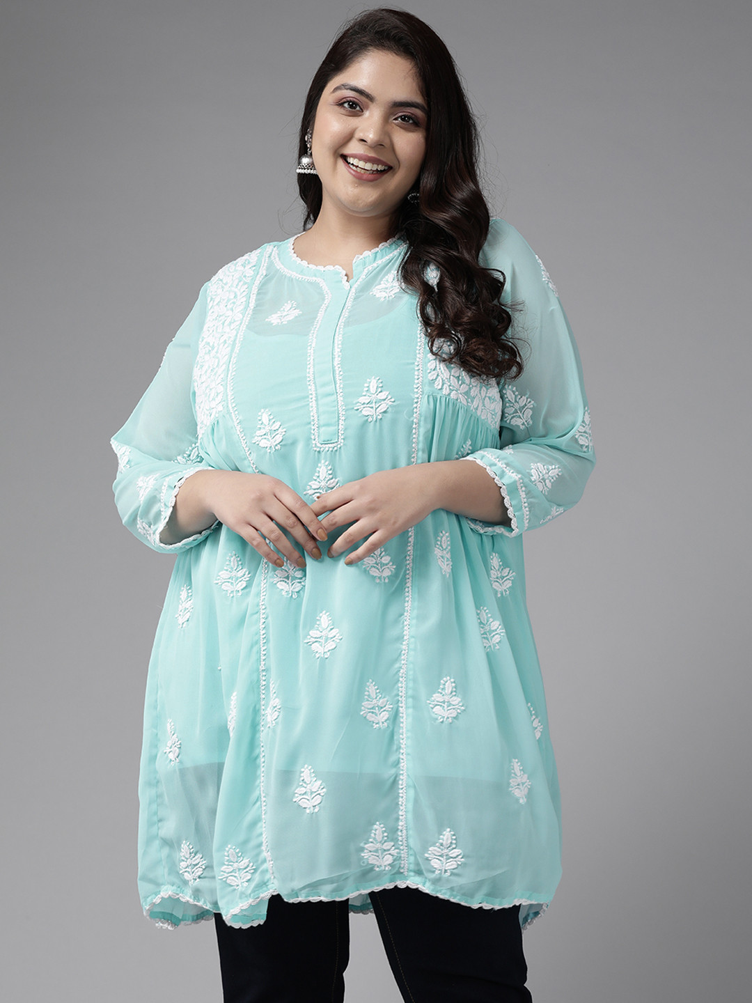 ADA Plus Size Blue Embroidered Chikankari Poly Georgette Kurti With Slip