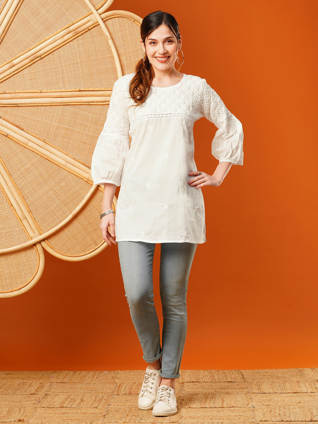 ADA Plus Size White Ethnic Motifs Embroidered Chikankari Cotton Kurti