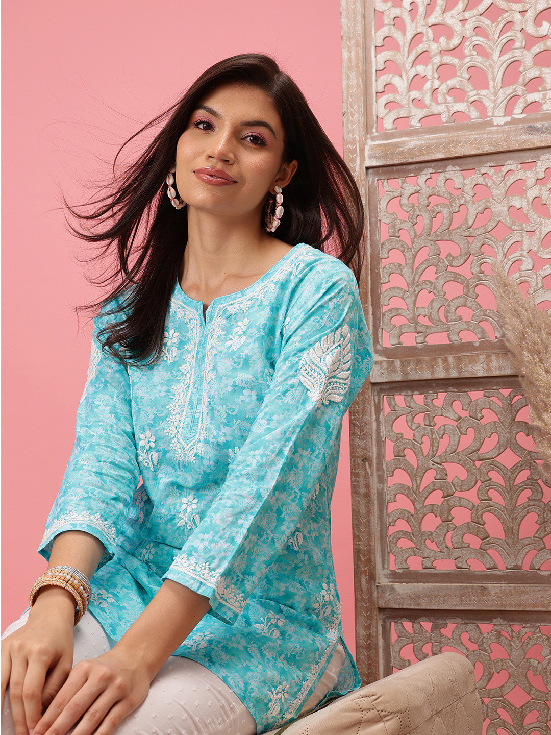 ADA Plus Size Blue Floral Embroidered Chikankari Kurti