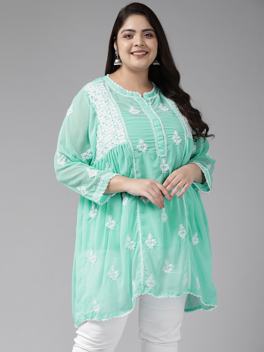 ADA Plus Size Sea Green Ethnic Motifs Embroidered Chikankari Kurti With Slip